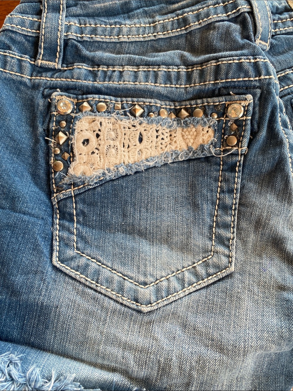 Miss Me Blue Denim Crochet-Trim Shorts - Picture 9 of 13